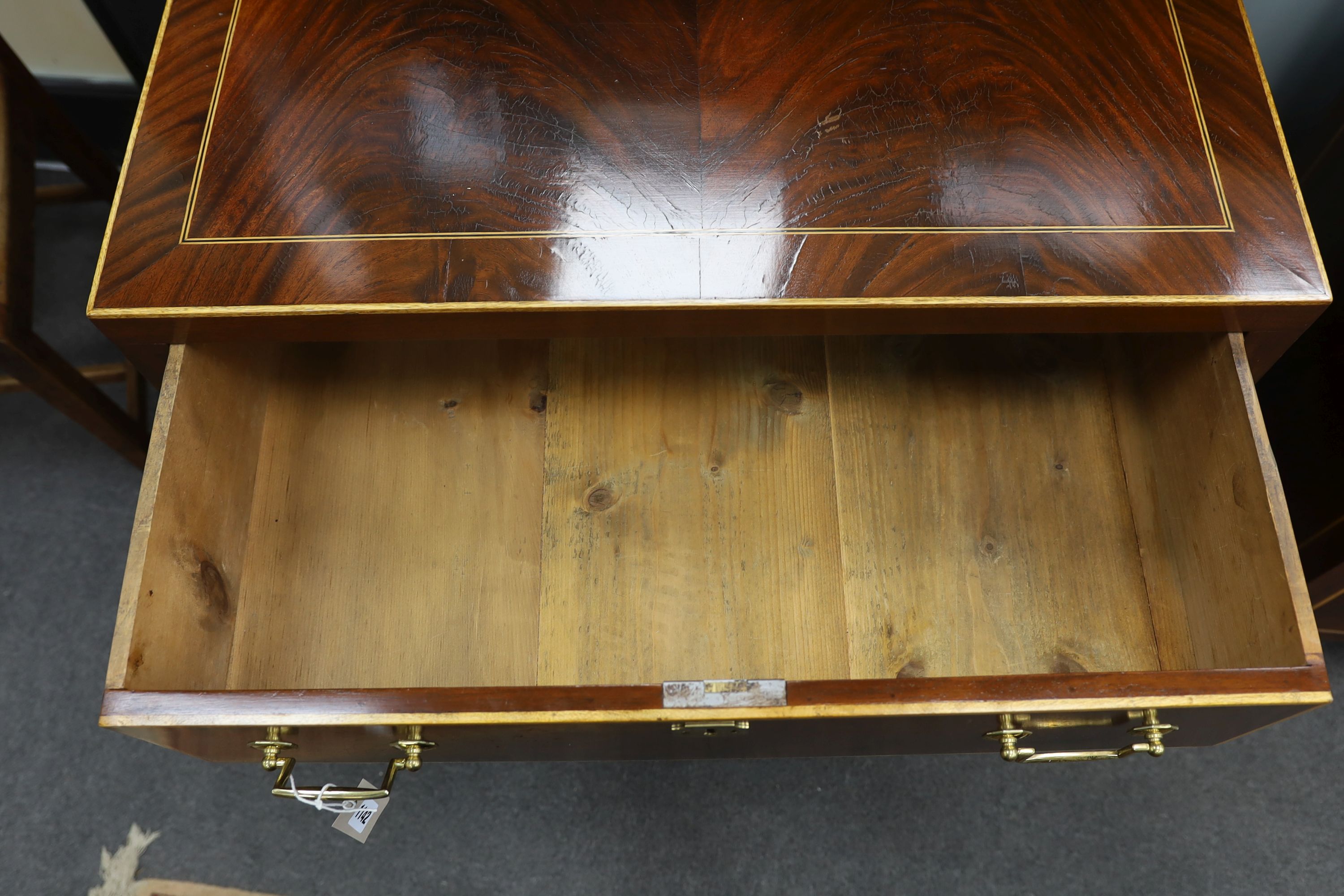 A pair of George IV style inlaid mahogany three drawer chests, width 79cm, depth 46cm, height 78cm